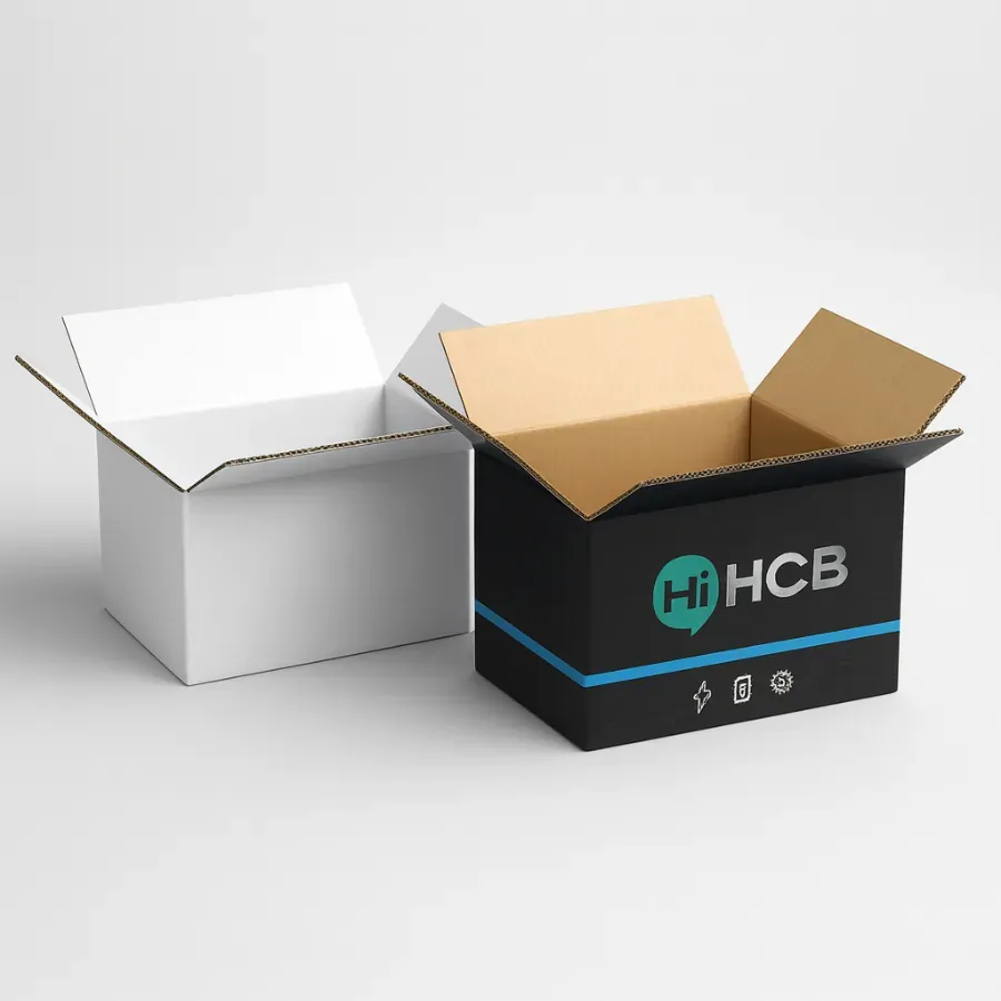Custom cardboard mobile battery packaging boxes- including a plain white corrugated box and a black branded box with -Hi HCB- logo and blue accents class=