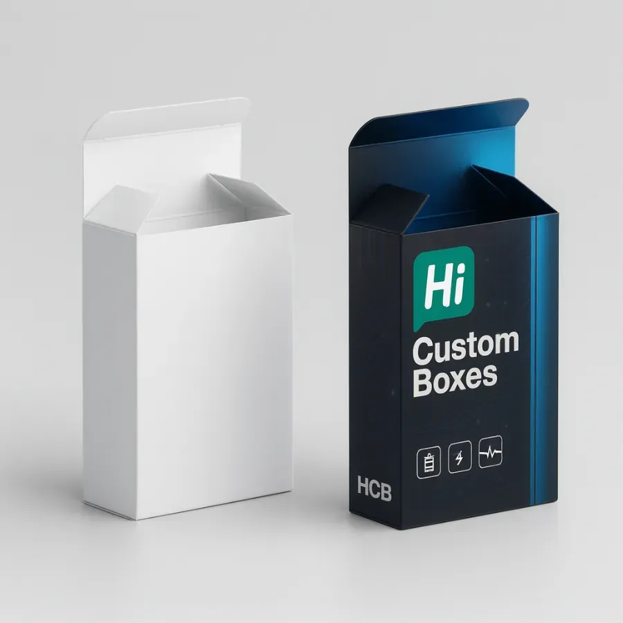 Open custom mobile battery boxes- showing a plain white folding carton and a dark blue-black branded box with -Hi Custom Boxes- logo and electronic icons class=