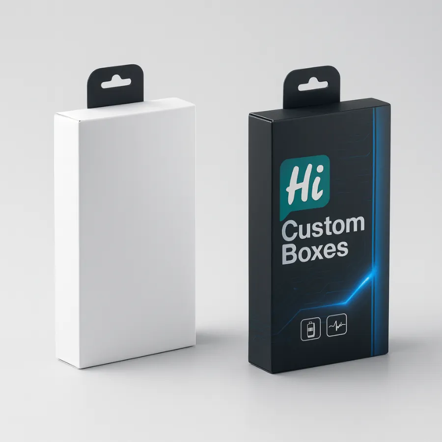 Custom mobile battery packaging boxes with black hanger tab- showing a white plain carton and a branded black box with -Hi Custom Boxes- logo and circuit graphics-