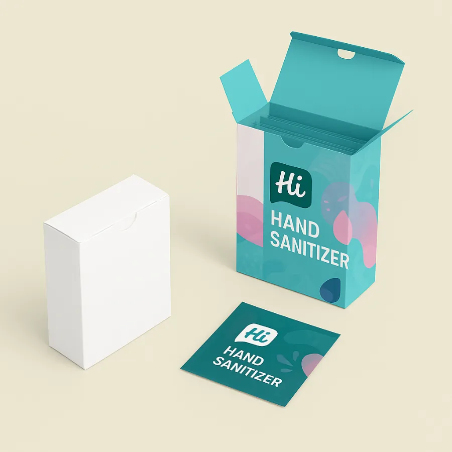 Two tuck-top boxes for sanitizer sachets- one plain and the other custom printed in teal and pastel colors with -Hi Hand Sanitizer- branding- The printed box is open with sachets inside- class=