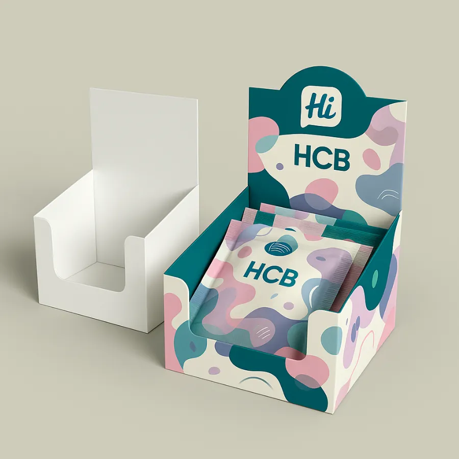 Two display-style sachet boxes- one plain white and the other custom printed with teal- pink- and cream patterns- The branded box shows sachets with -Hi HCB- branding and a tall back panel- class=