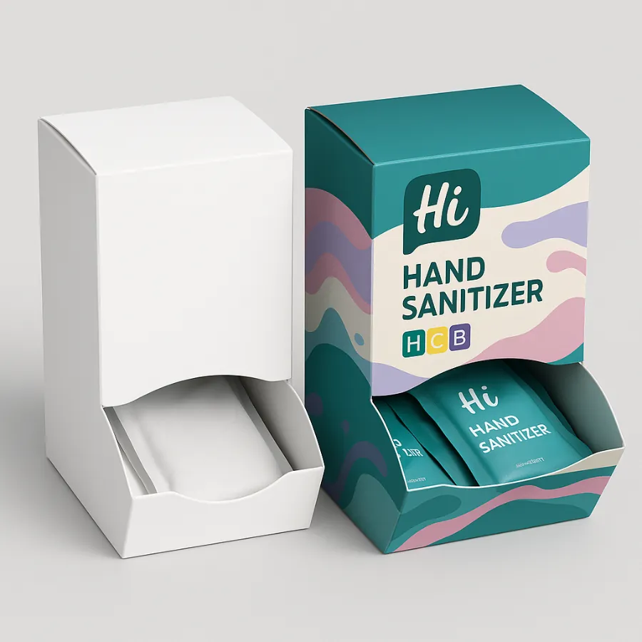 Two boxes for hand sanitizer sachets- one plain white and the other custom printed with teal- pink- and cream waves- The printed box is labeled -Hi Hand Sanitizer HCB- with sachets inside