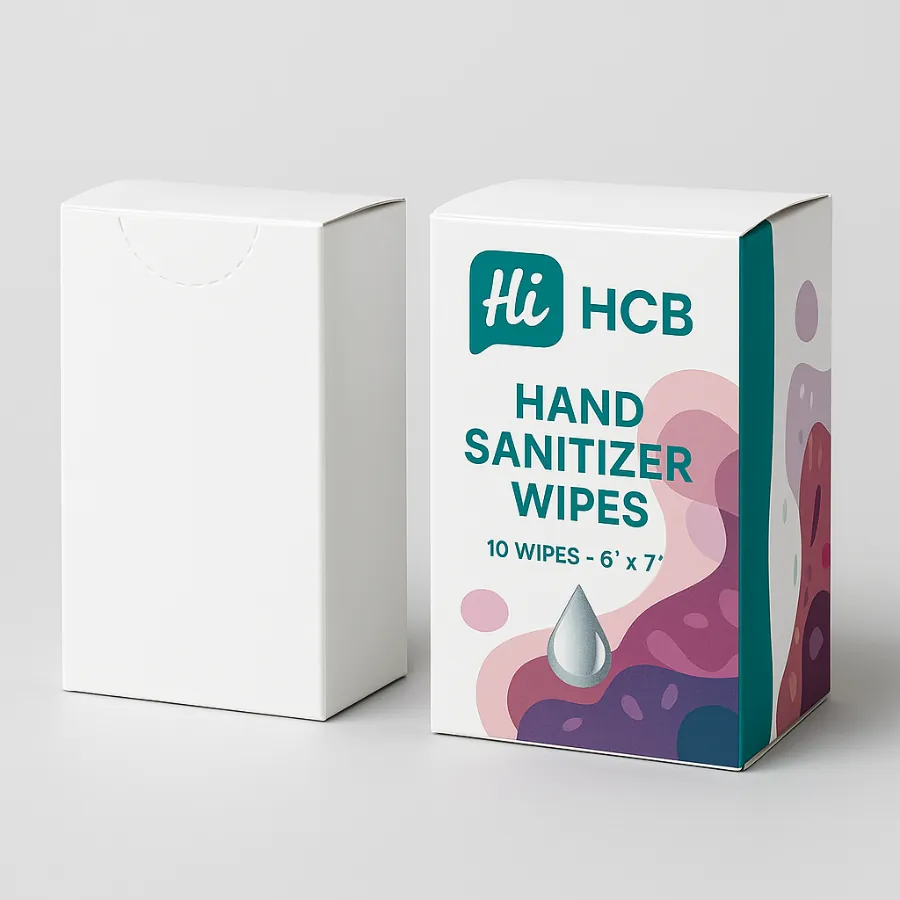 Two hand sanitizer wipe boxes- one blank and the other printed with teal- purple- and pink design- class=