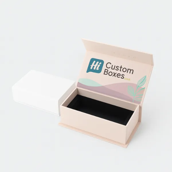 Luxury serum packaging box with magnetic closure- featuring pastel shades- subtle leaf artwork- and premium rigid design by Hi Custom Boxes- class=