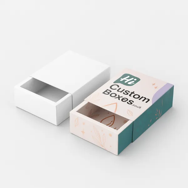 Drawer-style serum packaging box with sliding inner tray- custom printed in soft pink and teal with Hi Custom Boxes logo- class=