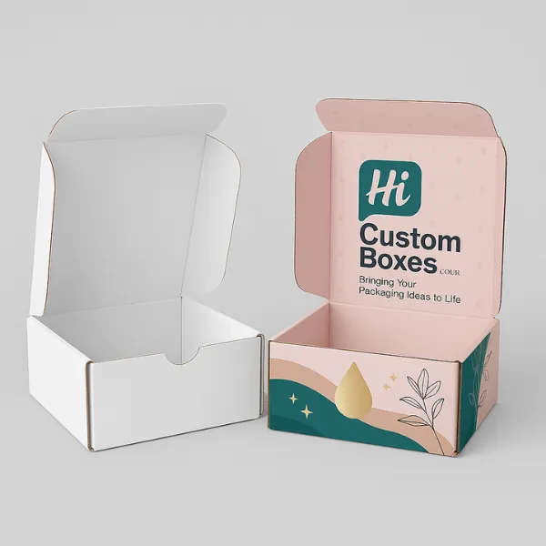 Wholesale custom serum boxes in sturdy corrugated style- showing plain white sample and printed pink-green design with -Hi Custom Boxes- branding- class=