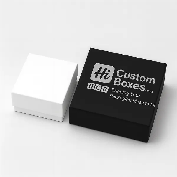one plain white- one matte black with Hi Custom Boxes silver logo and HCB text- class=