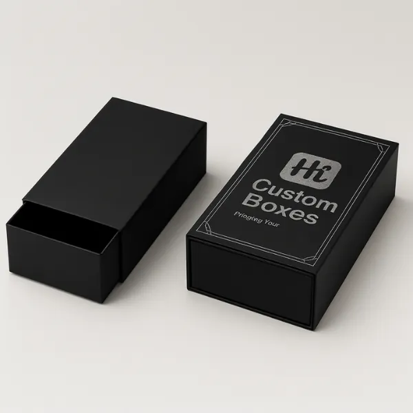 Matte black rigid drawer boxes - one plain- one printed with Hi Custom Boxes silver logo and border design- class=