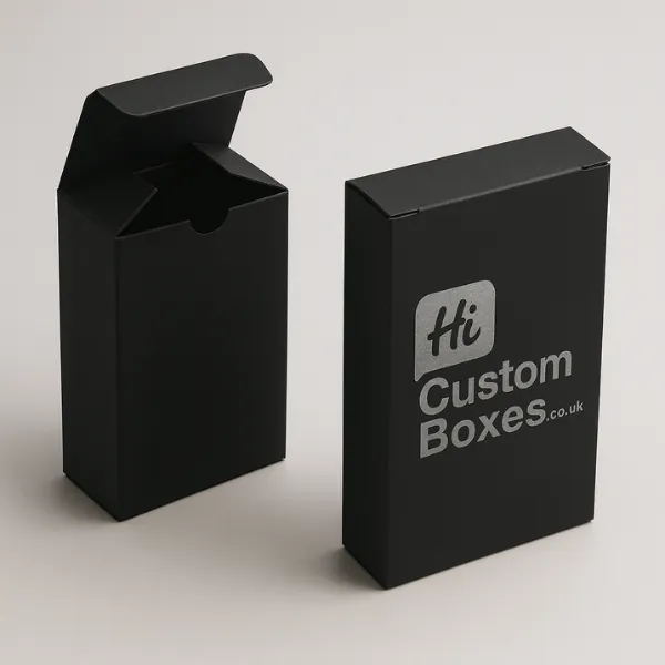 Silver foiled tuck-end boxes - one plain open- one printed with Hi Custom Boxes silver logo-