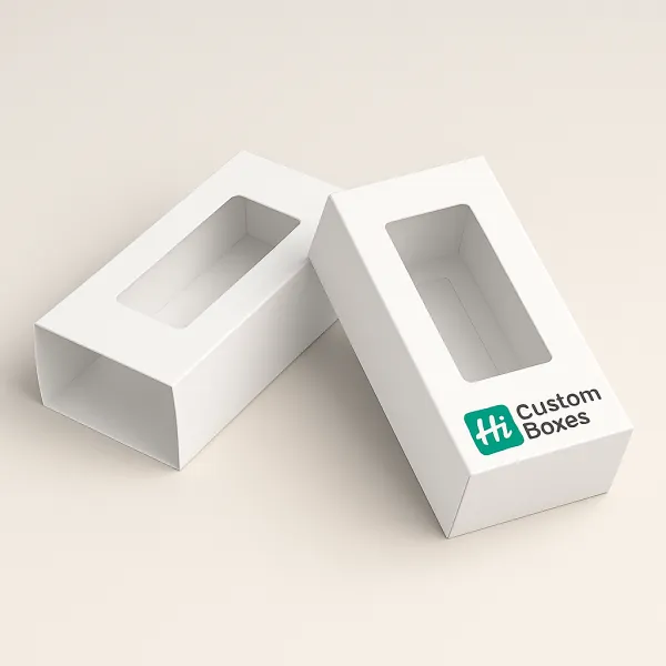 Custom rectangular window boxes in white ideal for showcasing small products with a clear front panel class=