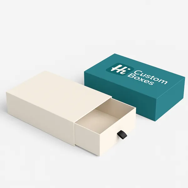 Custom drawer style rigid box with pull tab shown in plain and branded designs for premium packaging