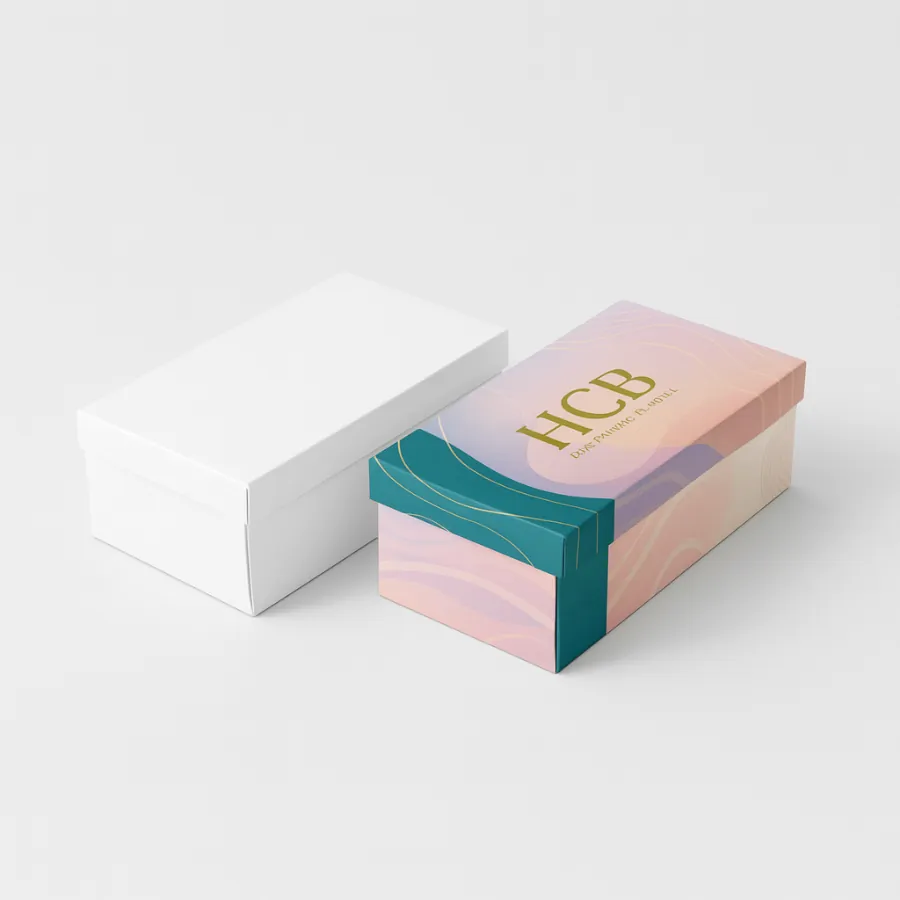Two-piece rigid setup box- shown in plain white on the left and custom-printed on the right with pastel gradient design- teal accents- and gold HCB logo on the lid- class=