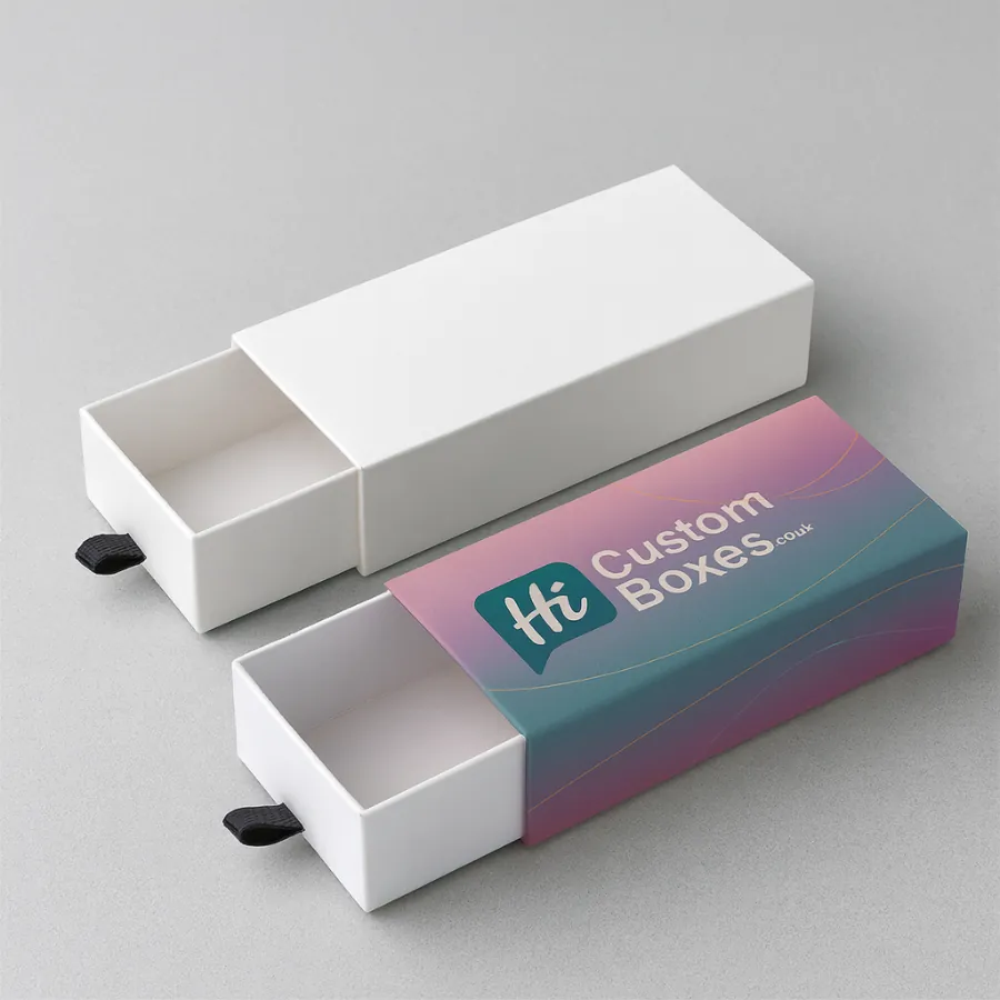 Drawer-style rigid box- shown plain white on the left and custom-printed on the right with gradient teal and pink colors- Hi Custom Boxes branding- and black pull-tab ribbon- class=