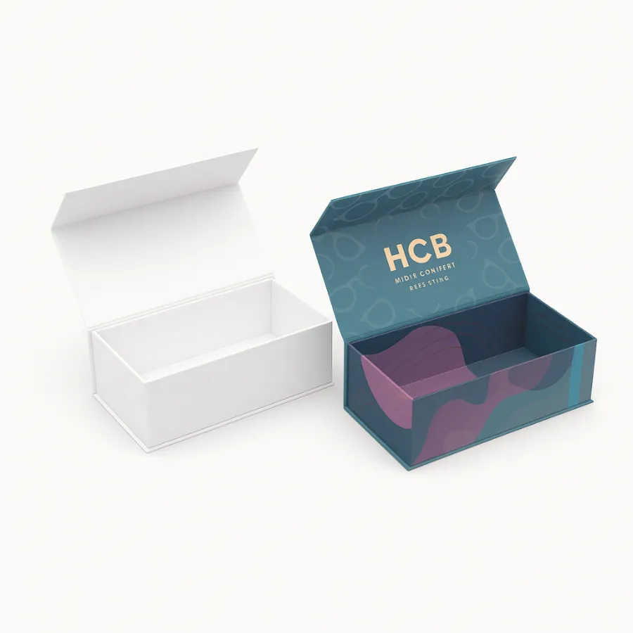 Rigid flip-top magnetic closure box- shown in plain white on the left and custom-printed on the right with teal and purple abstract patterns- gold HCB logo- and interior branding-