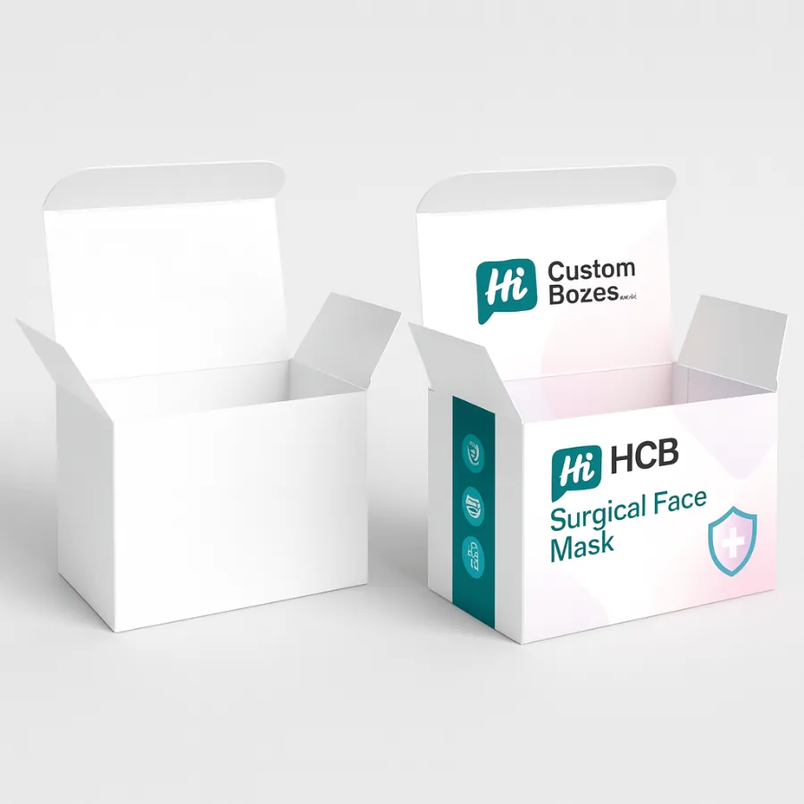 Surgical face mask packaging box design- white with teal and pink gradient accents- branded as -Hi HCB Surgical Face Mask- with medical shield icon- class=