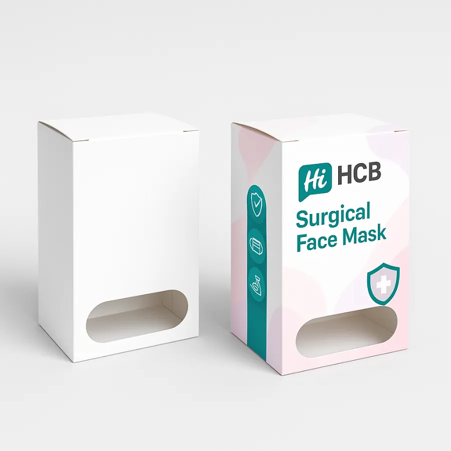 Vertical dispenser-style surgical face mask box with window cutout- printed design featuring -Hi HCB Surgical Face Mask- branding and icons for safety- class=