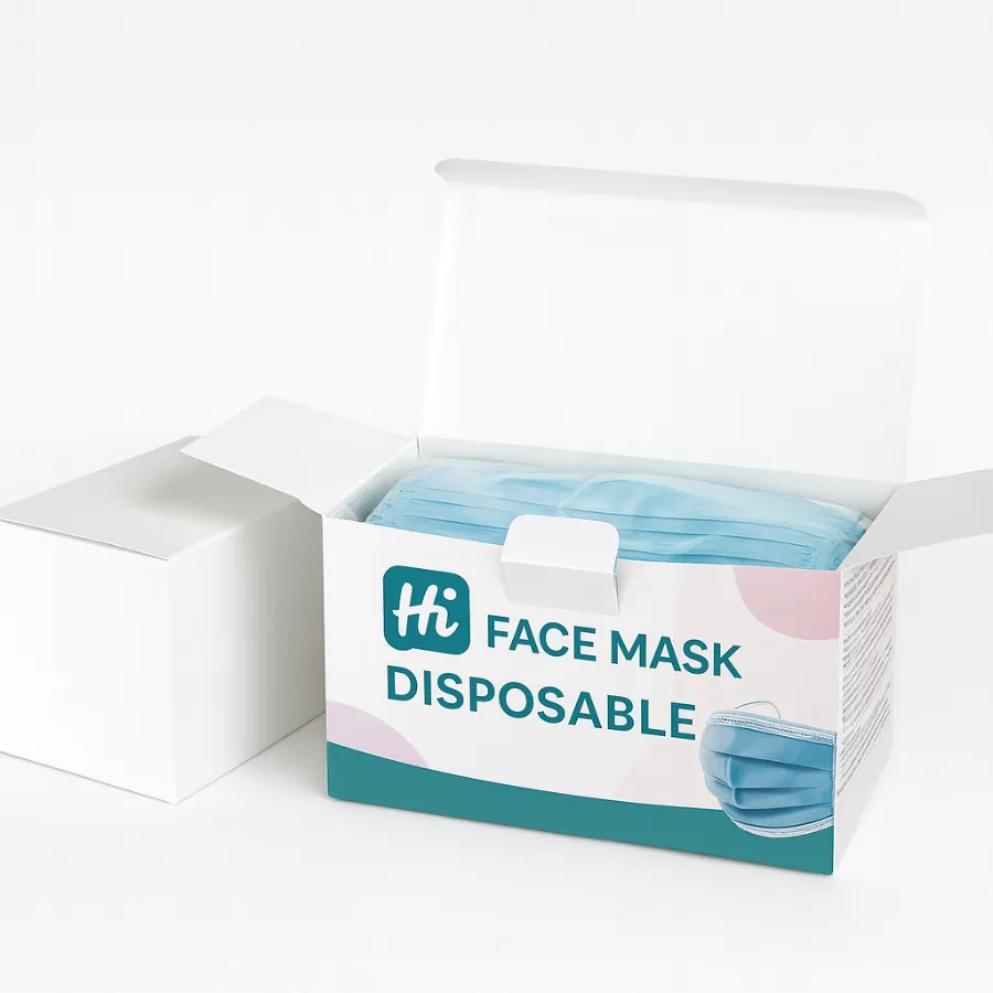 Custom disposable face mask box packaging- white and teal design with printed text -Hi Face Mask Disposable- showing stacked blue masks inside-