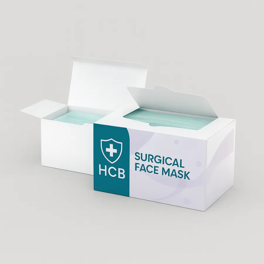 Rectangular surgical face mask packaging box in white and teal with shield icon- branded -HCB Surgical Face Mask-- showing masks stacked inside- class=