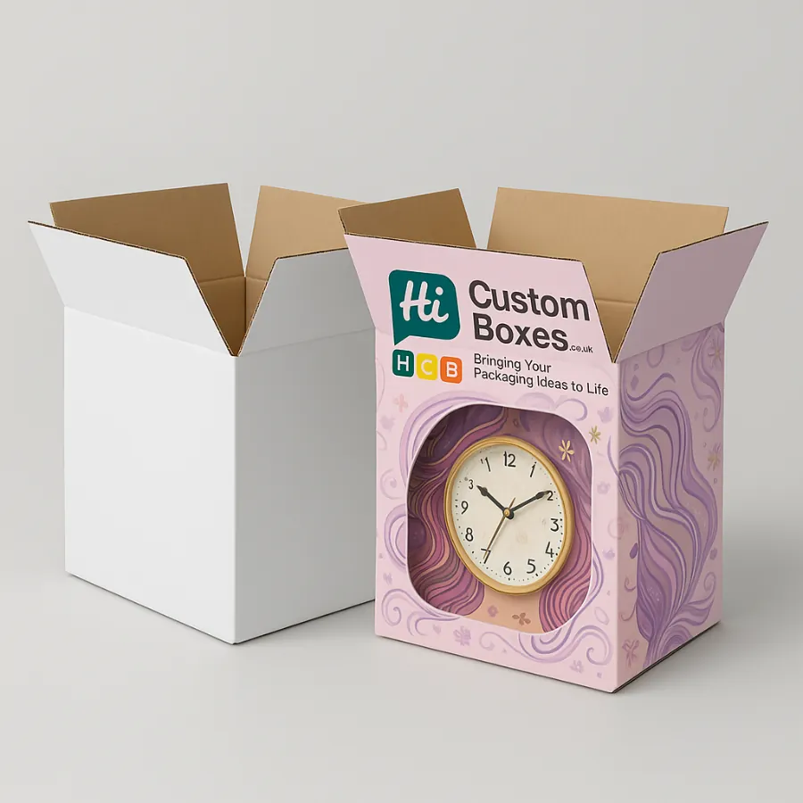 Corrugated wall clock packaging boxes- including plain white and printed pink design with window cut-out for product visibility- class=