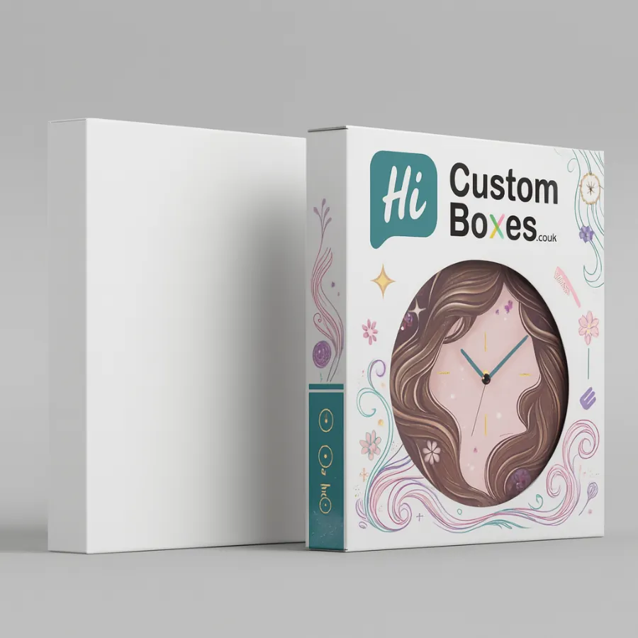Printed wall clock packaging box with window cut-out and plain white box- designed for stylish clock presentation