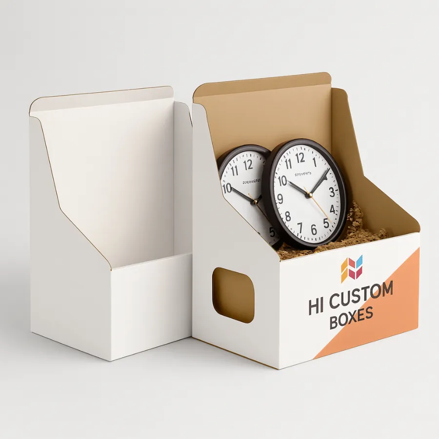 Custom wall clock display packaging with two clocks inside- featuring branded and plain design side by side- class=