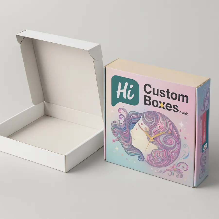 Custom wall clock mailer boxes with plain white and printed design- showcasing secure packaging for delicate clocks- class=