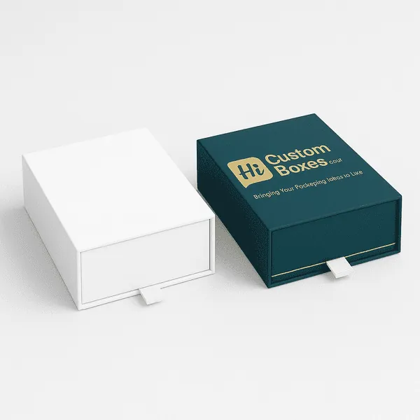 Two drawer style rigid boxes one plain white and one custom printed with Hi Custom Boxes branding