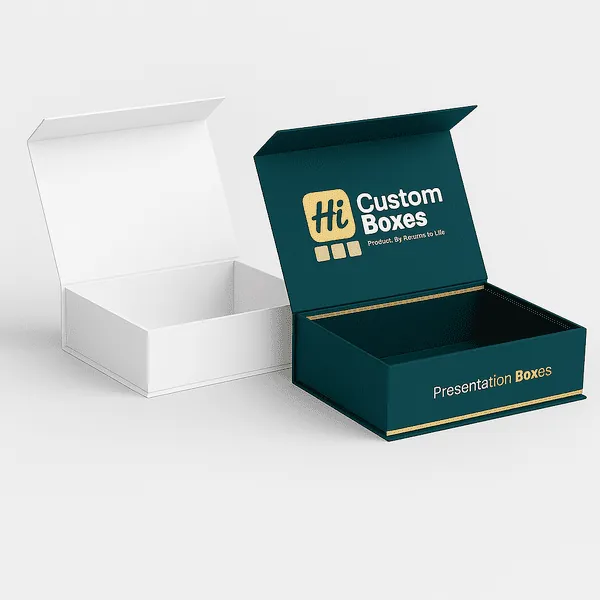 Two hinged lid rigid boxes one plain white and one branded green with Presentation Boxes text class=