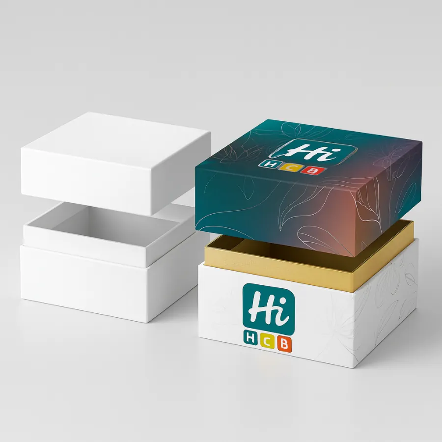 Two luxury rigid boxes with the lids removed- One is plain white- The other has a white base with the --Hi HCB-- logo- a gold inner tray- and a dark teal lid with a light leaf pattern-