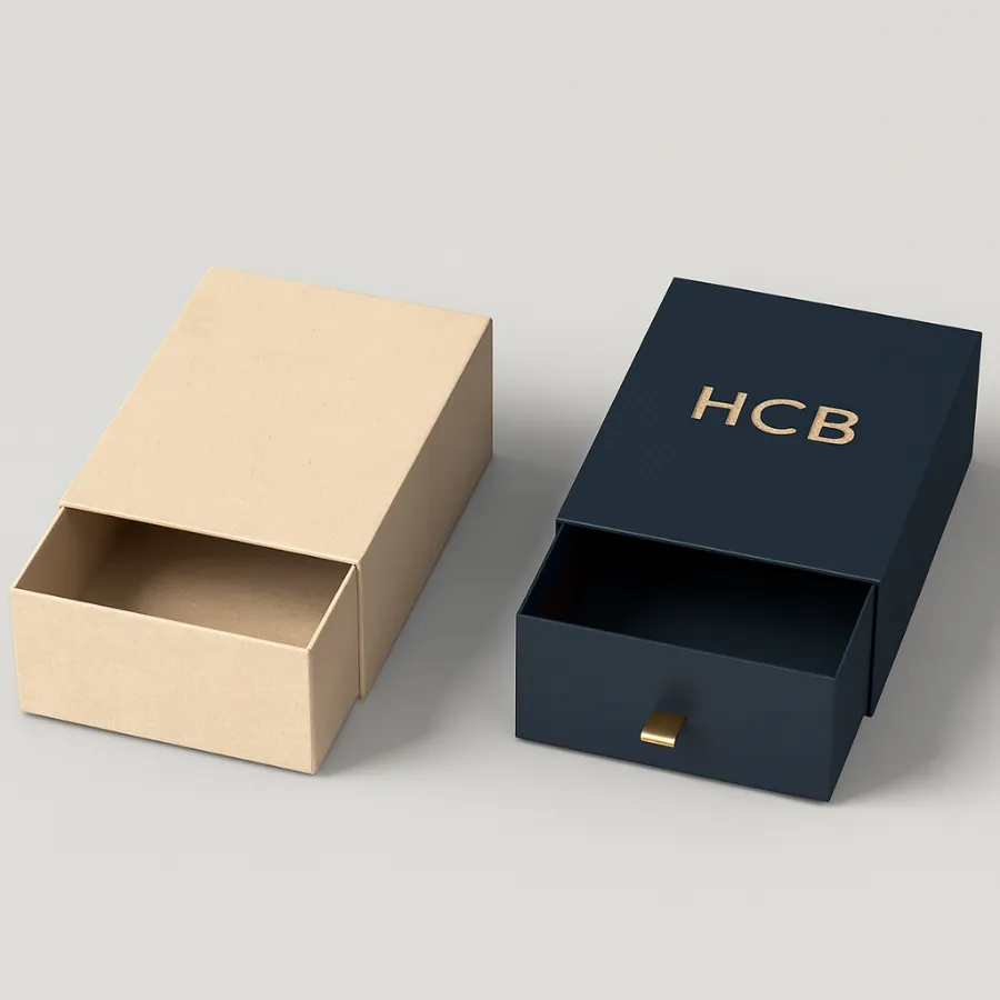 Premium rigid drawer box mockups- One is plain kraft-colored cardboard- and the other is a custom-branded dark navy box with gold foil lettering and a metal pull handle-