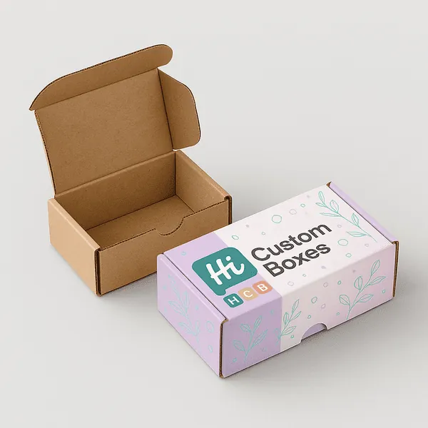 Corrugated kraft and pastel printed mailer boxes by Hi Custom Boxes perfect for shipping and gifts class=