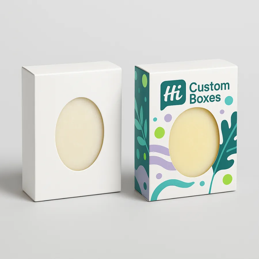 Two tuck-end boxes with an oval window for displaying a round bar of soap- class=