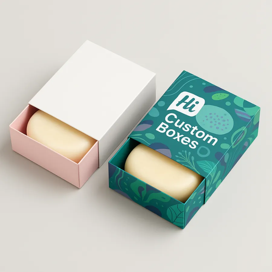 Drawer-style sliding boxes- partially open- revealing a round soap bar inside the tray- class=
