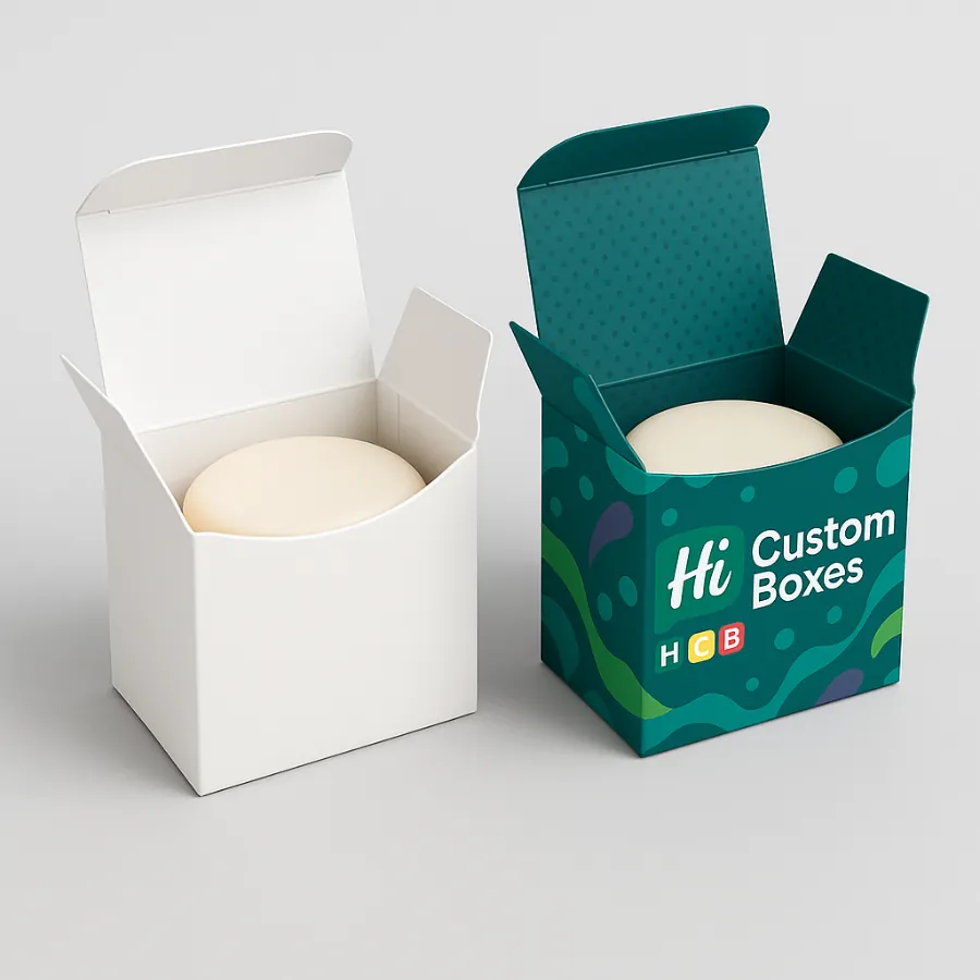 Two small- open folding boxes for round soap bars- one fully custom printed- class=