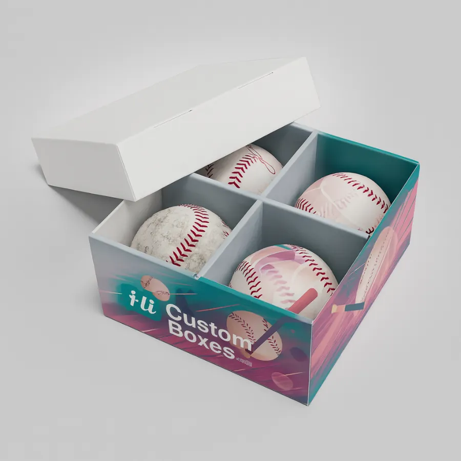 Baseball packaging box with four internal dividers holding baseballs- printed in vibrant colors with Hi Custom Boxes branding- class=
