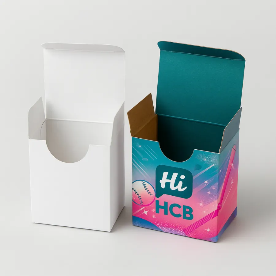 Custom baseball boxes with tuck-top design- shown in plain white and full-color printed version featuring baseball graphics and Hi HCB branding-