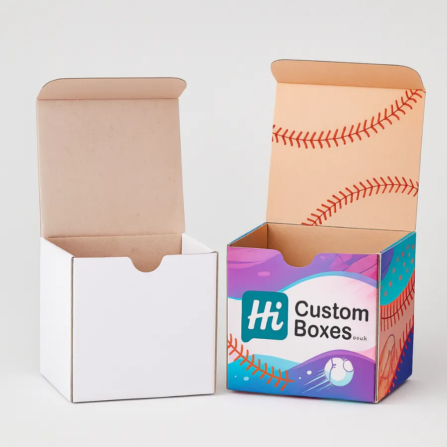 Cardboard baseball boxes in plain white and custom-printed design- featuring seam patterns and Hi Custom Boxes logo- class=