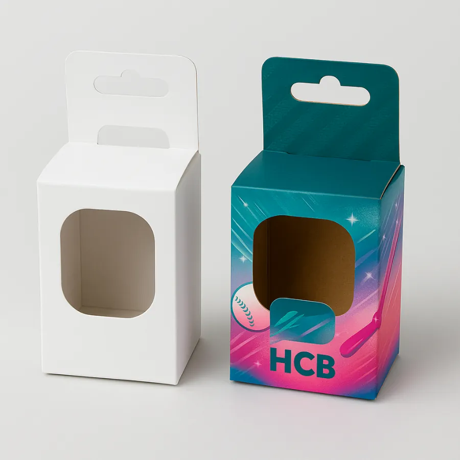 Custom baseball packaging with hanging display window style- plain and printed variations- branded with HCB logo and baseball theme graphics- class=