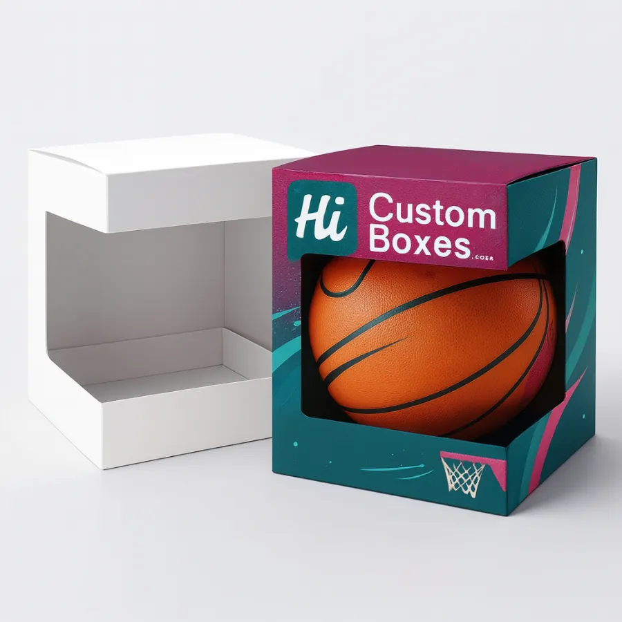Custom display box with a large front window showcasing a basketball- ideal for retail product visibility and branding- class=