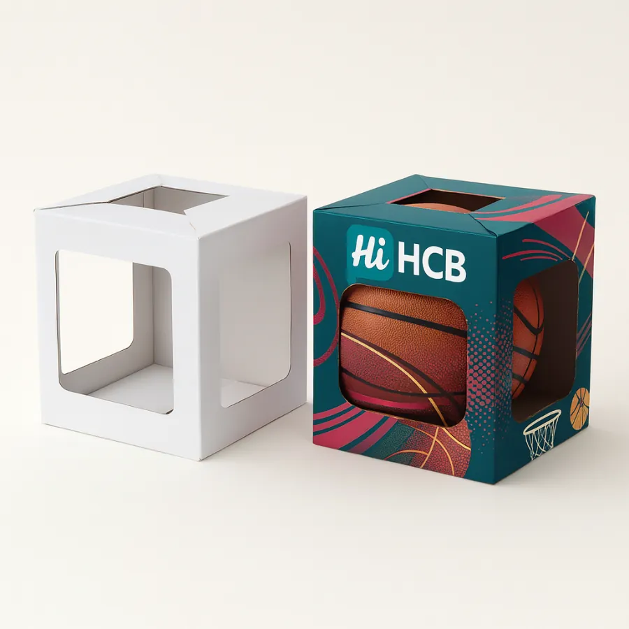 Unique custom product box with multi-sided windows- offering a dynamic view of a basketball and enhancing product appeal-