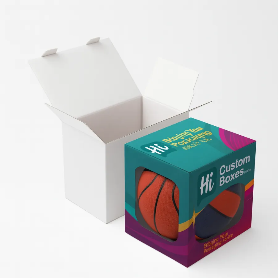 Custom retail packaging box with a clear window- designed for showcasing products like basketballs- next to a standard white shipping box- class=