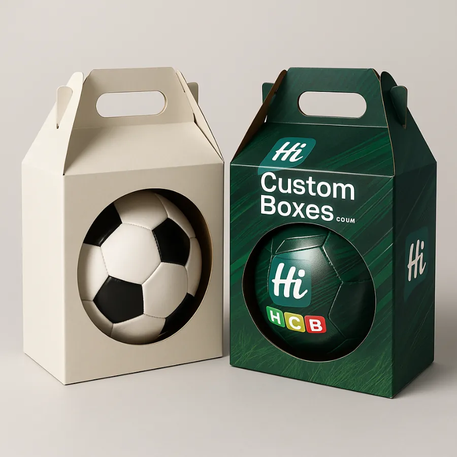 Custom football packaging boxes with cut-out window design- plain and printed style- class=