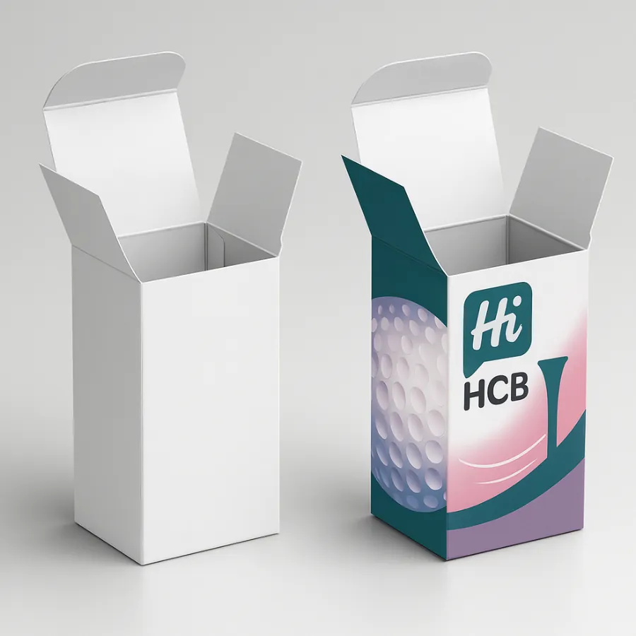 Two tall tuck-top cartons- the left is plain white- the right shows a teal- pink- and purple golf theme with -Hi HCB- branding and an open lid revealing the box interior-