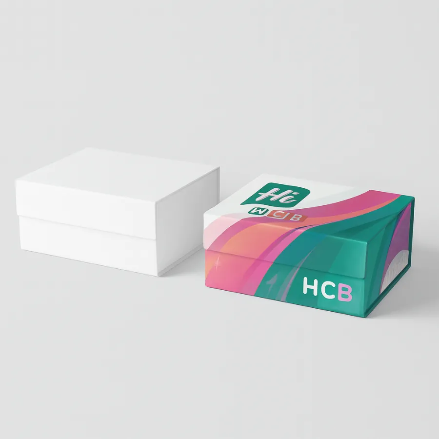 Two rigid lift-off lid boxes- one plain white and one fully printed in swooping teal- pink- and magenta graphics with -Hi HCB- branding- class=
