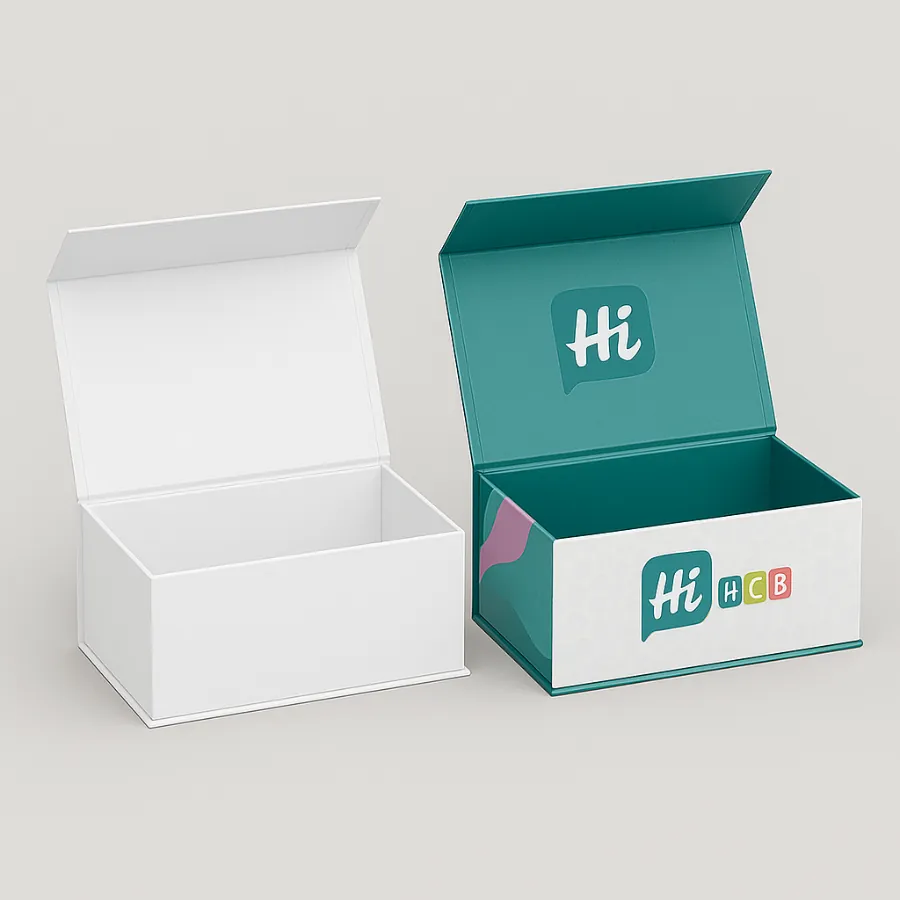Set of hinged rigid presentation boxes- the left is plain white- the right is teal with patterned sides and -Hi HCB- logos on the lid and front- class=