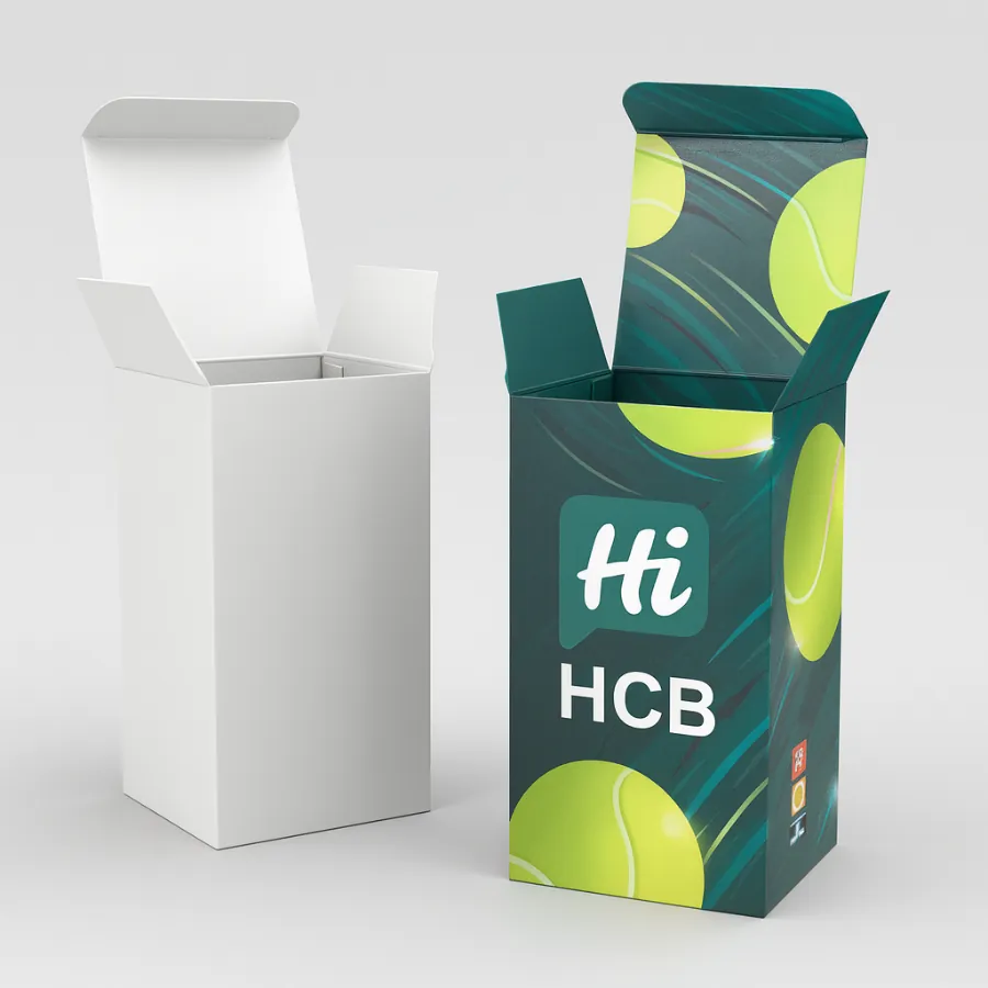 Plain white box and custom printed Hi HCB tennis ball packaging box with green tennis ball graphics- open flap design for sports product display-