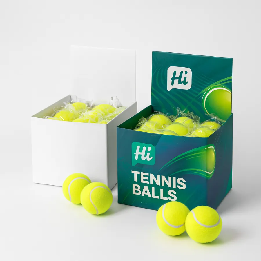 Hi branded tennis ball packaging boxes with open lids- showcasing neon yellow tennis balls in retail-ready display format- class=