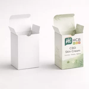 Two upright cardboard product boxes with open top flaps, showcasing a clean white and green design.