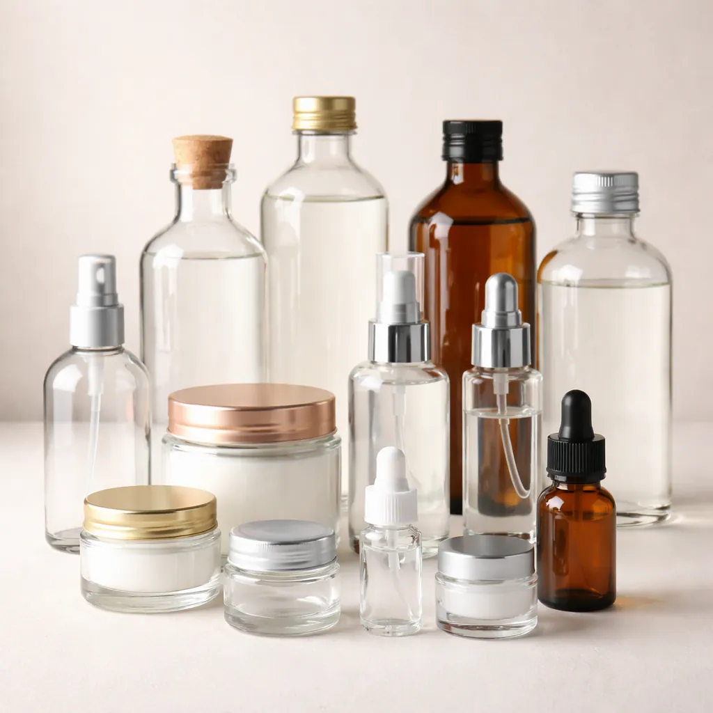 Image shows glass bottles, jars, and dropper bottles