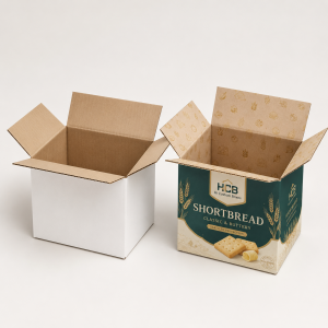 Plain white shipping box beside a branded green carton for retail shortbread storage.